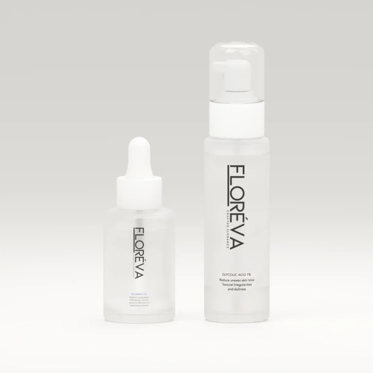 Floreva Acne Rapid-Rescue Duo product bundle, soft cream studio lighting.