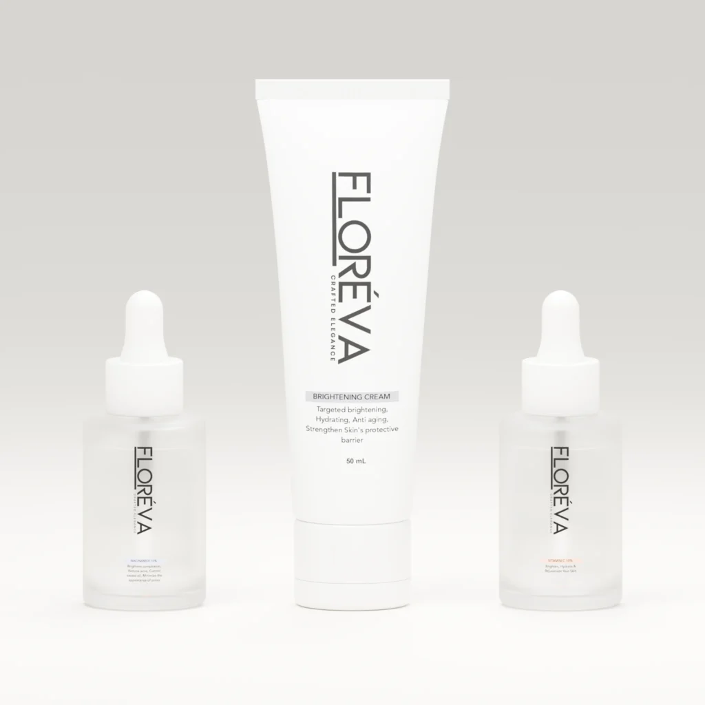 Floreva Melasma-Mastery Defense Trio product bundle, soft cream studio lighting.