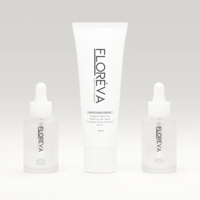 Floreva Melasma-Mastery Defense Trio product bundle, soft cream studio lighting.