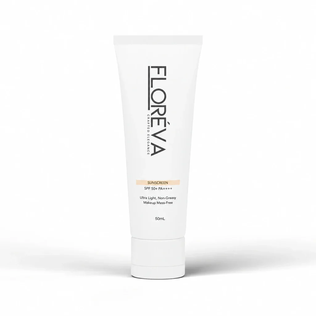 Floreva Sunscreen 50 mL, front view on white.