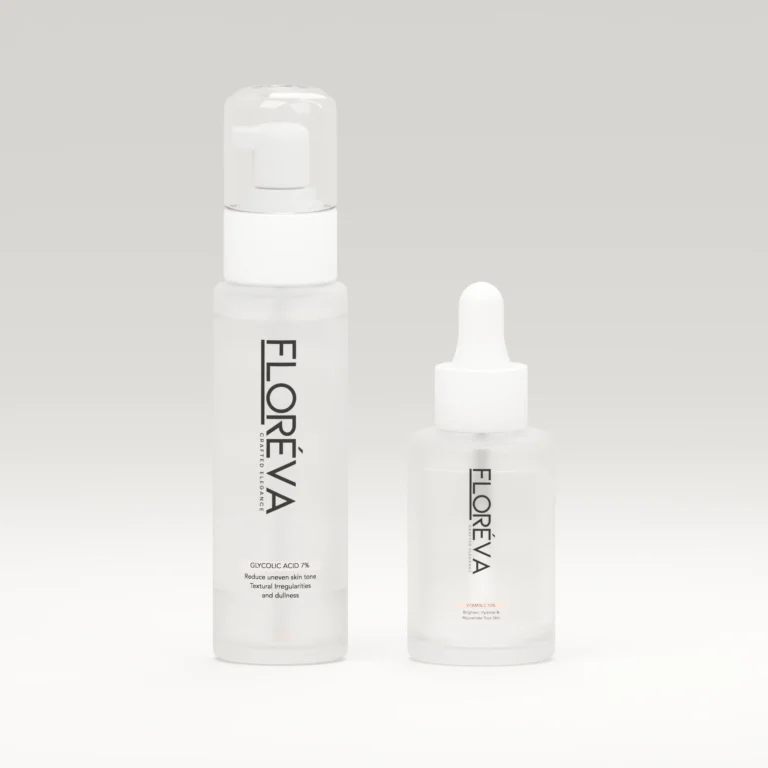 Floreva Ultimate Brightening Accelerator product bundle, soft cream studio lighting.