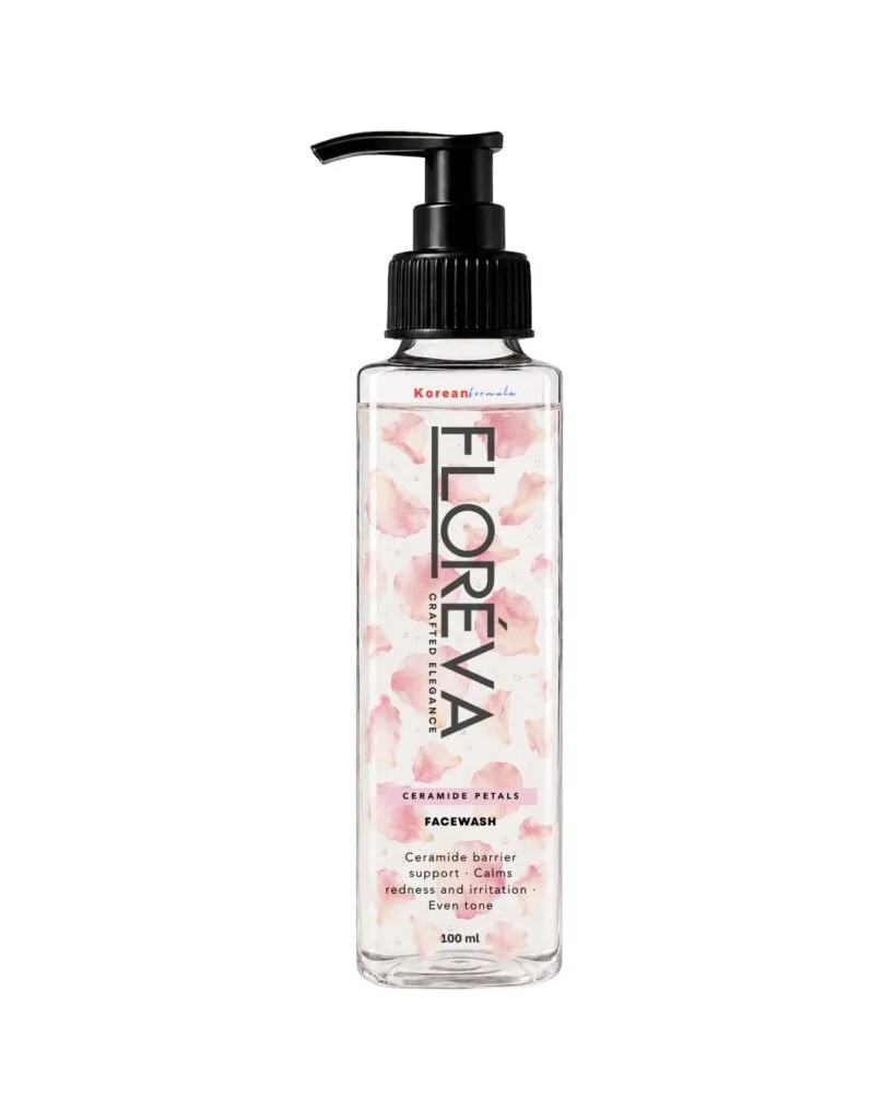 Floreva Ceramide Petal Face Wash, 100ml clear gel cleanser with visible pink ceramide petals suspended inside