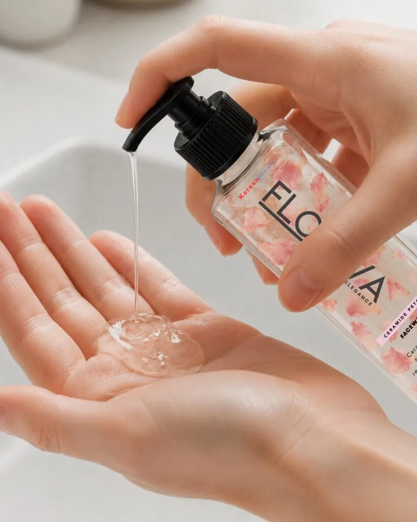 Clear Floreva Ceramide Petal Face Wash gel dispensed into an open palm, showing its lightweight texture