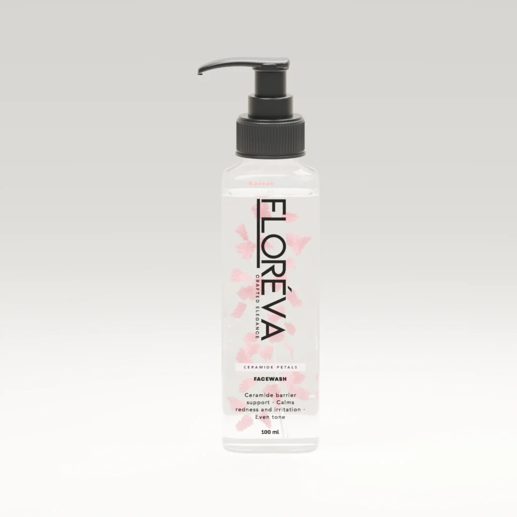 Floreva Ceramide Petal Face Wash, 100ml clear gel cleanser with visible pink ceramide petals suspended inside