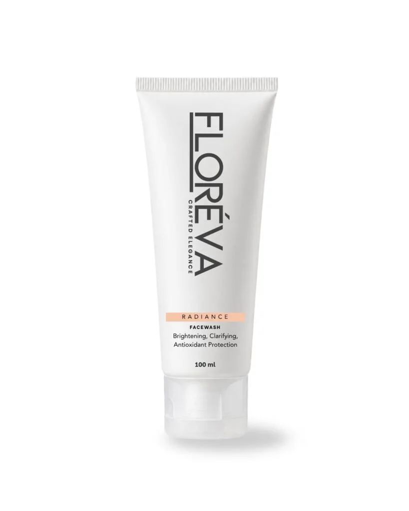 Floreva Vitamin C Facewash 100ml white tube with peach RADIANCE band, brightening and clarifying gel cleanser