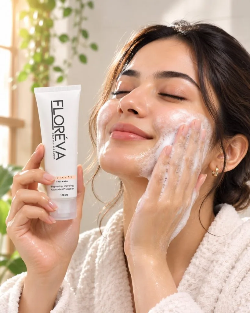 Woman lathering Floreva Vitamin C Facewash on her face, showing the soft foam it produces