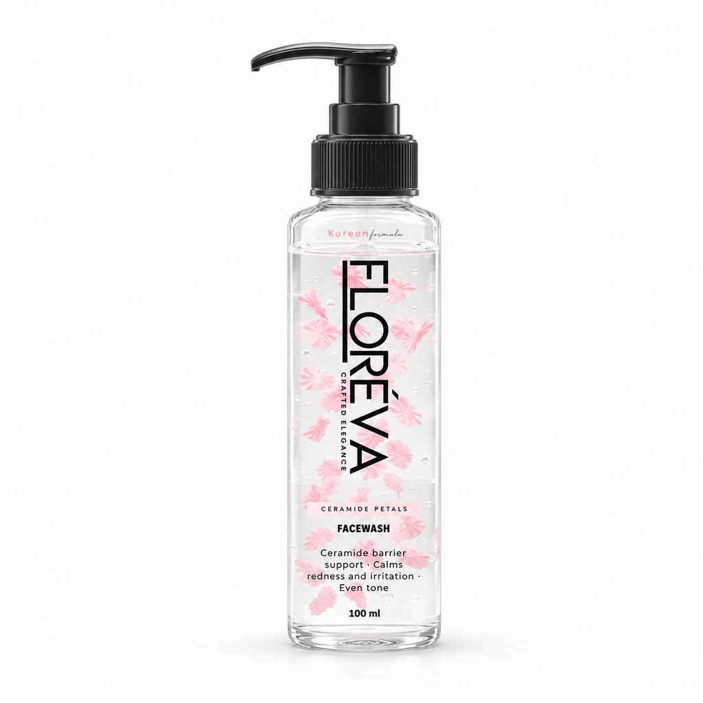 Floreva Ceramide Petal Face Wash, 100ml clear gel cleanser with visible pink ceramide petals suspended inside